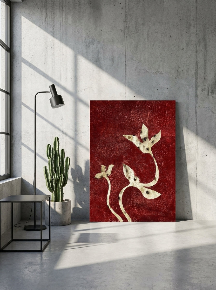Stretched canvas wall art leaning against the wall in an industrial loft bedroom