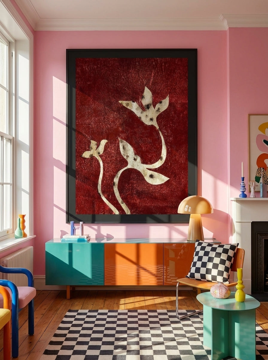 Oversized statement modern wall art print styled on the wall in a colourful eclectic living room
