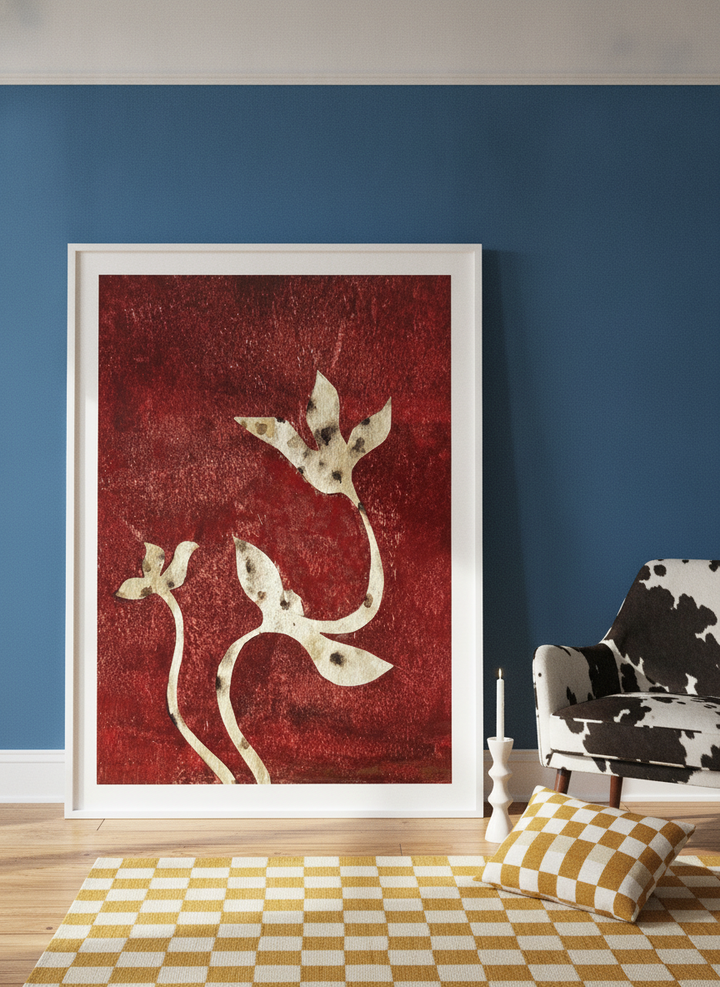 Oversized statement modern wall art print leaning against the wall in a colourful eclectic dining room