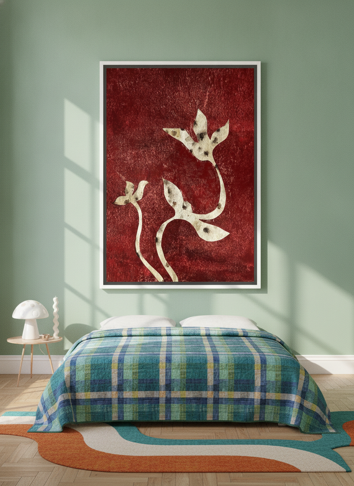 Oversized statement canvas wall art with a white surround styled on the wall in a colourful eclectic bedroom