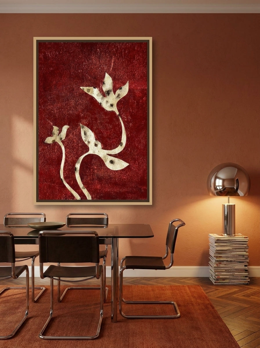 Oversized statement canvas wall art with a natural timber surround styled on the wall in a retro 70s dining room