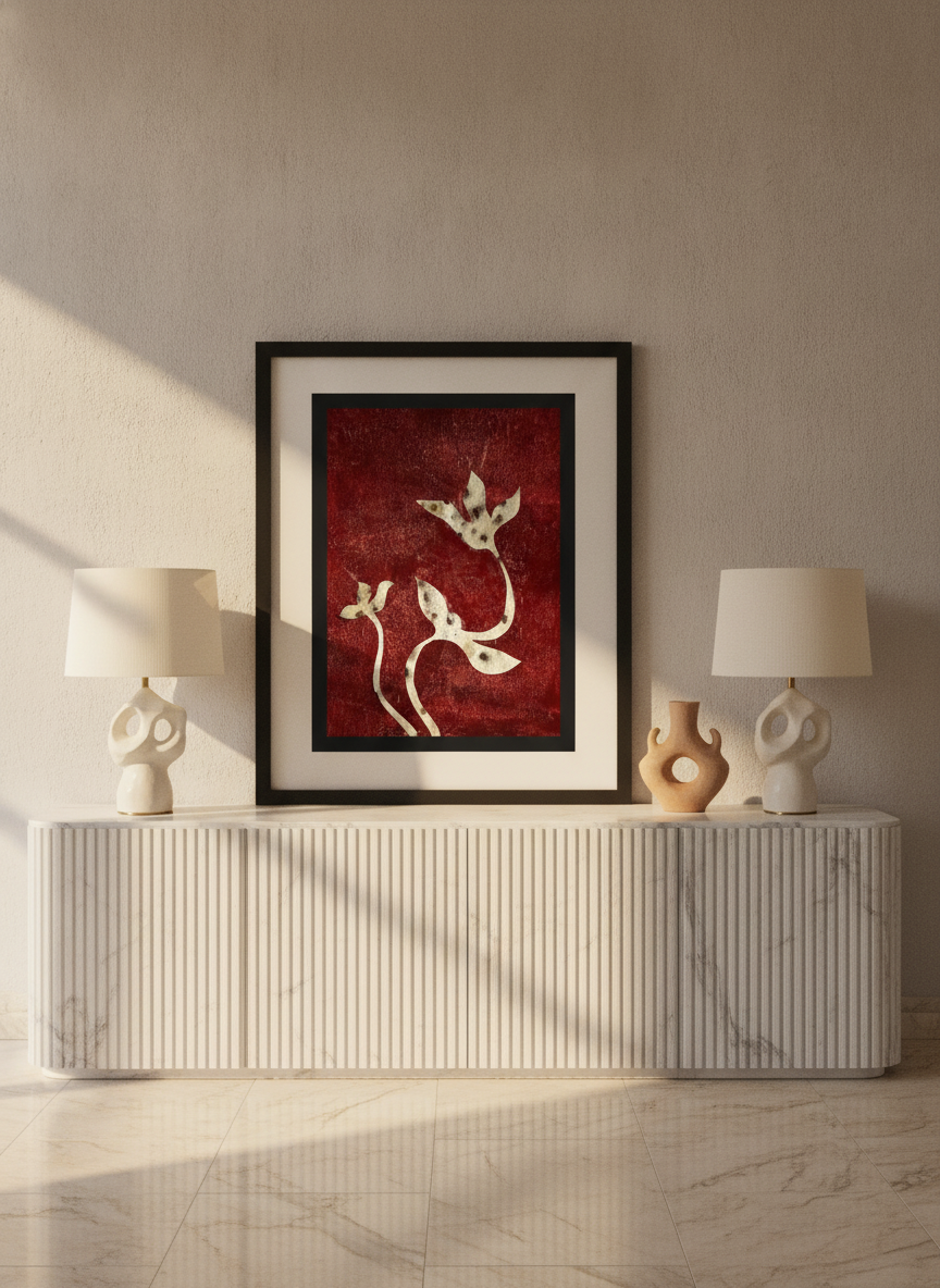 Modern wall art print standing on a sideboard in a luxe bedroom
