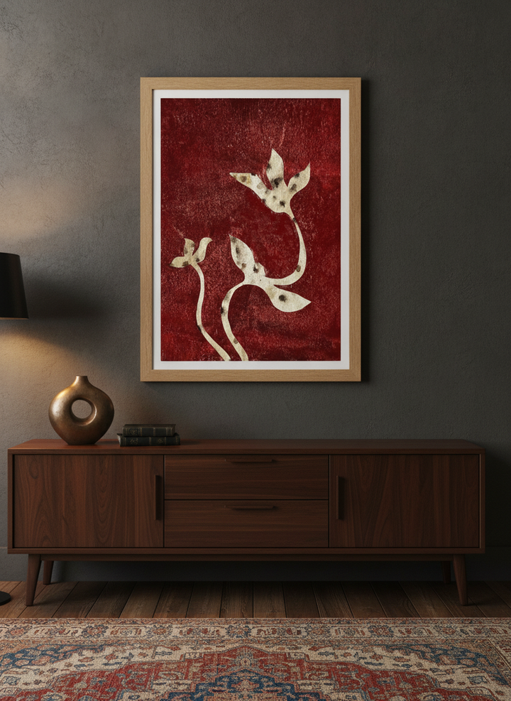 Modern wall art print styled on the wall in a moody living room