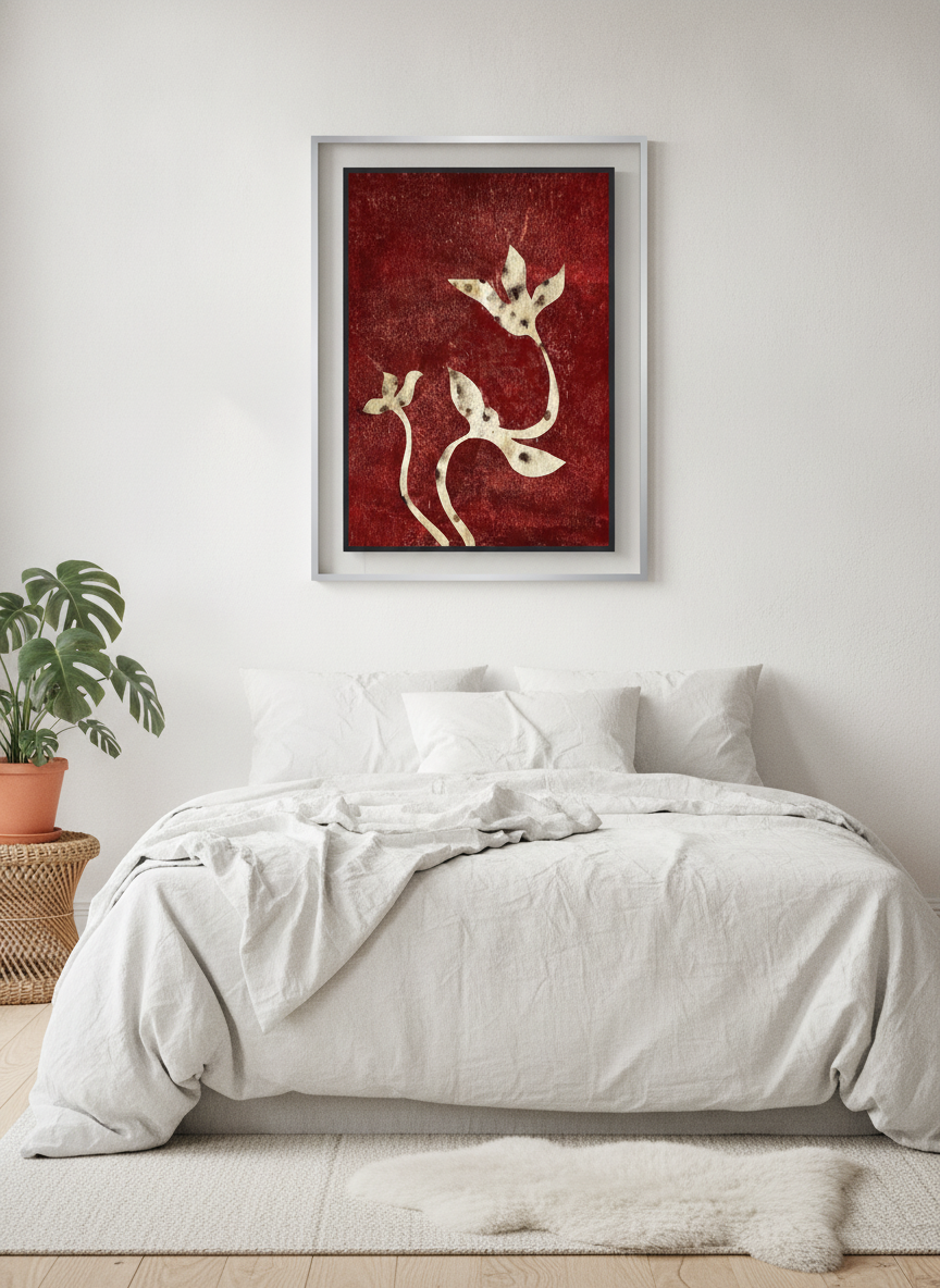 Canvas wall art with a silver leaf surround styled on the wall in a bright Scandinavian bedroom