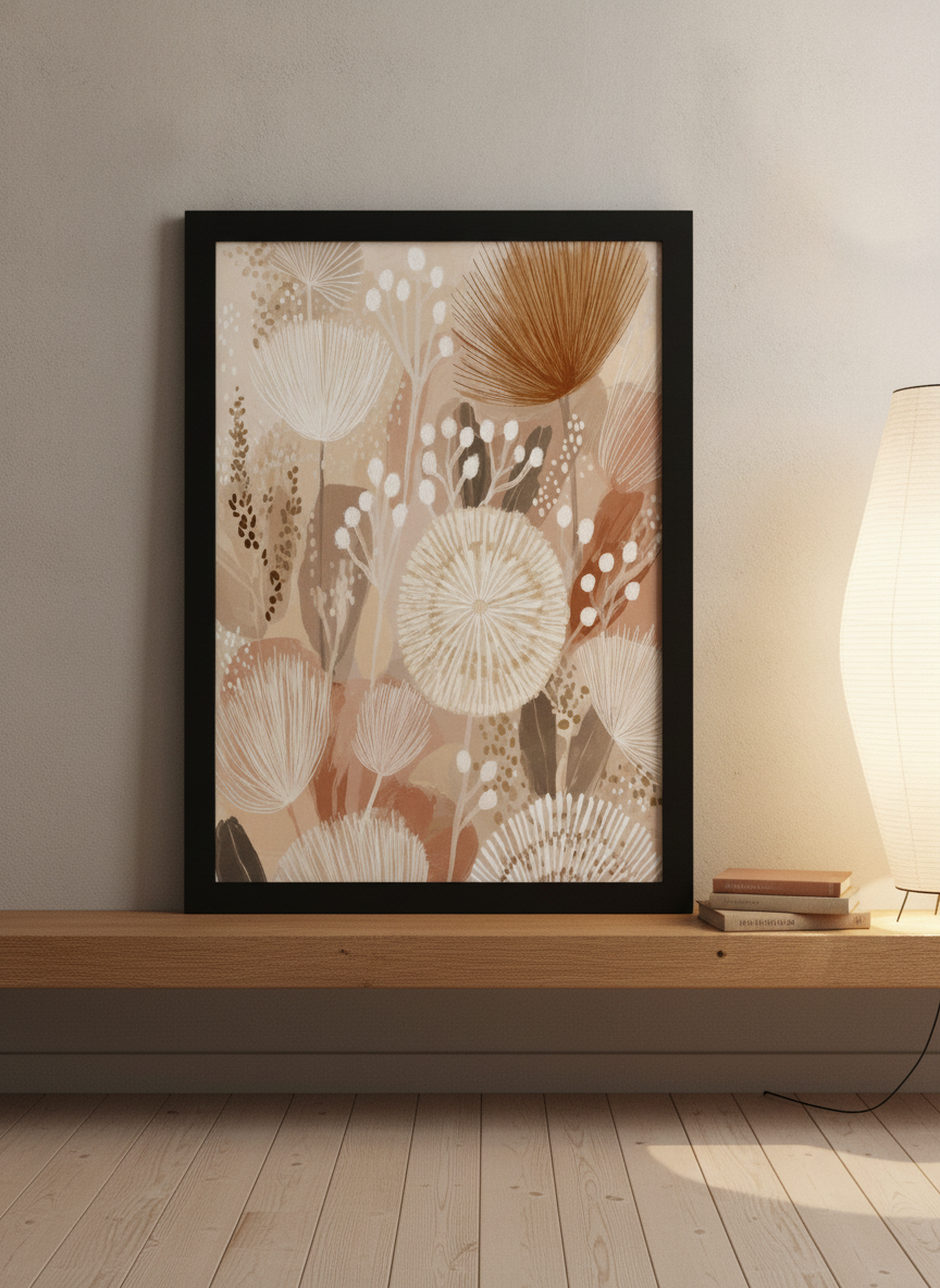 Modern wall art print standing on a shelf in a warm Japandi bedroom