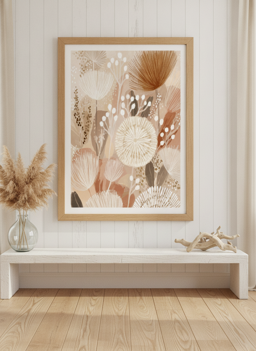 Modern wall art print styled on the wall in a coastal living room
