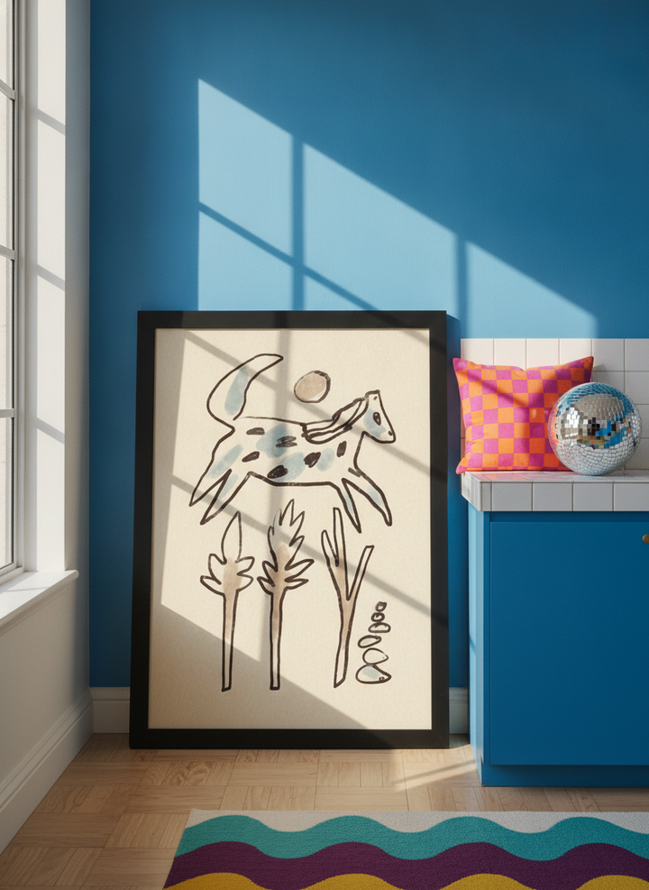 Modern wall art print standing on a kitchen bench in a colourful eclectic kitchen