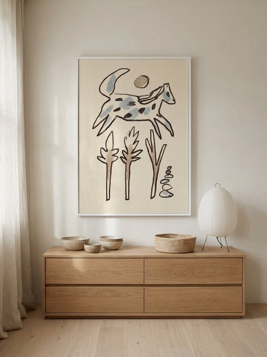 Modern wall art print styled on the wall in a warm Japandi nursery