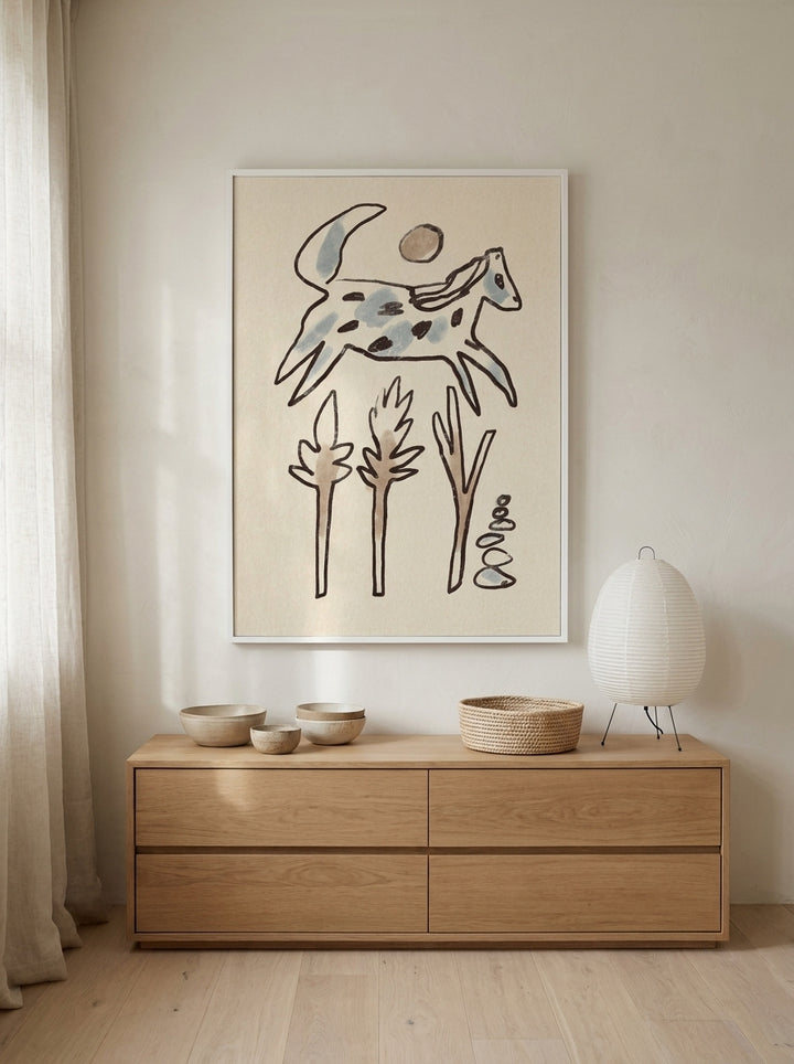 Modern wall art print styled on the wall in a warm Japandi nursery
