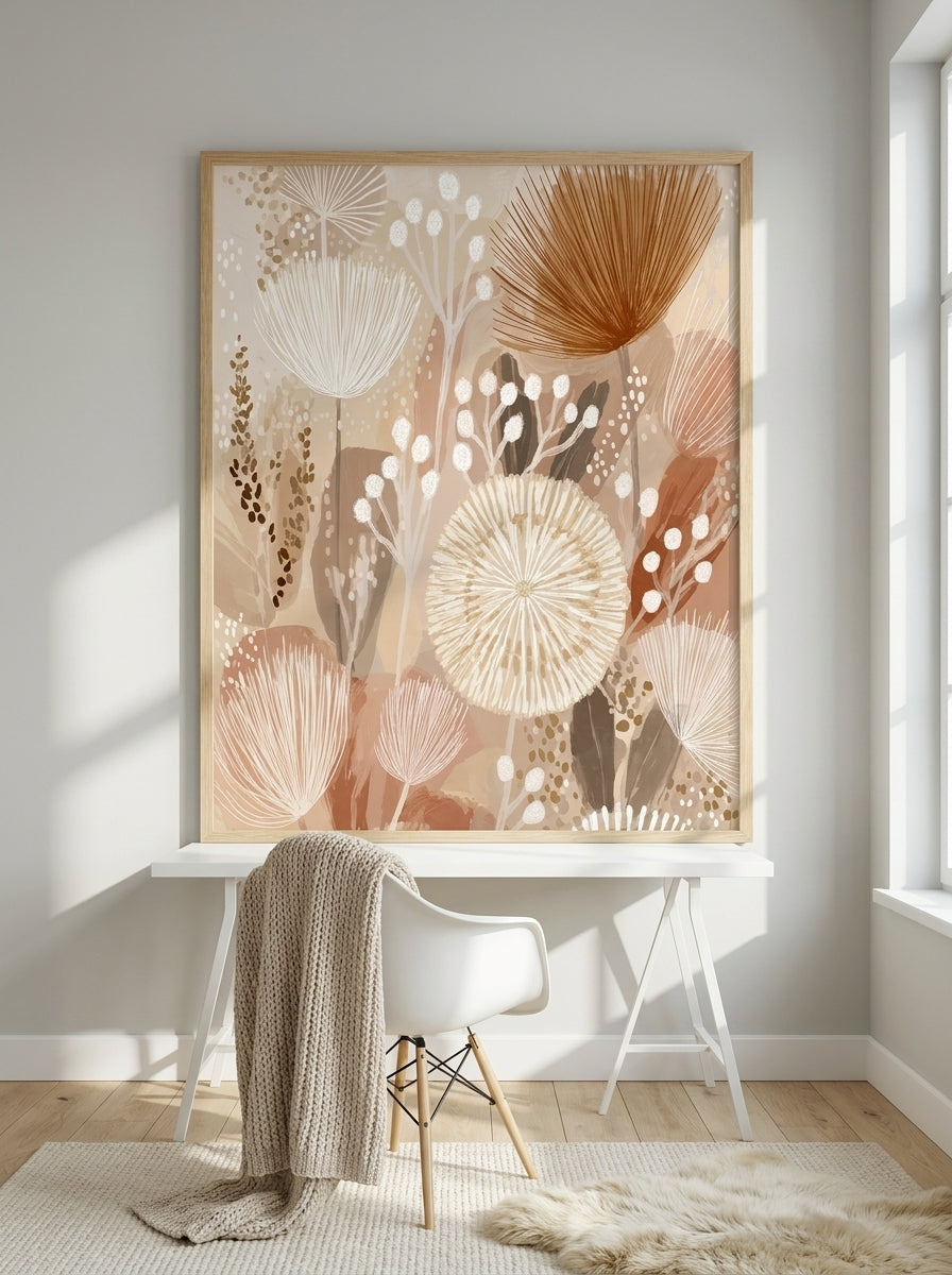 Modern wall art print styled on the wall in a bright Scandinavian home office