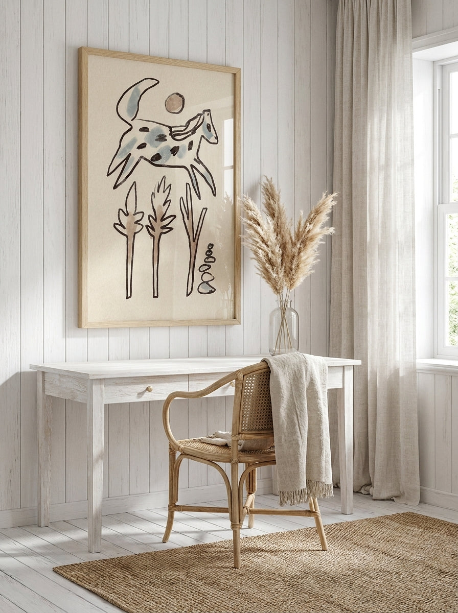 Oversized statement modern wall art print styled on the wall in a coastal home office
