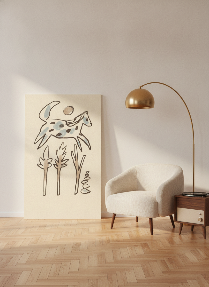 Stretched canvas wall art leaning against the wall in a mid-century living room
