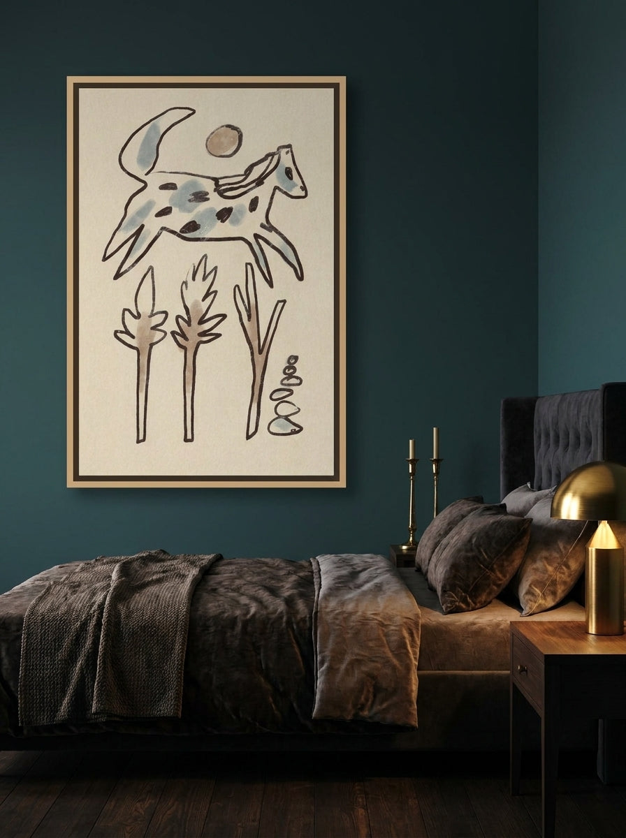 Oversized statement canvas wall art with a natural timber surround styled on the wall in a moody bedroom