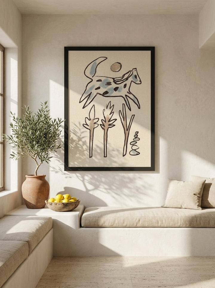 Oversized statement modern wall art print styled on the wall in a Mediterranean living room