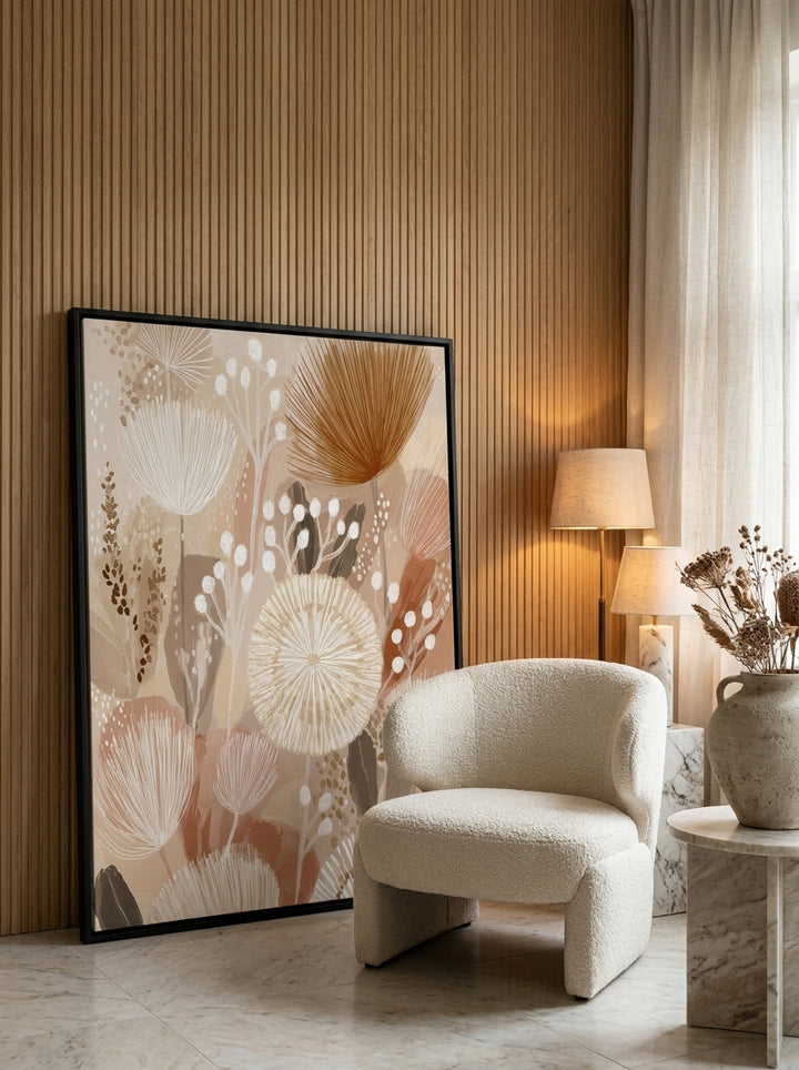 Canvas wall art with a black surround leaning against the wall in a luxe home office