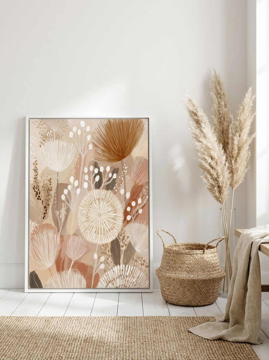 Canvas wall art with a white surround leaning against the wall in a coastal bathroom