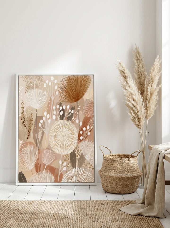 Canvas wall art with a white surround leaning against the wall in a coastal bathroom