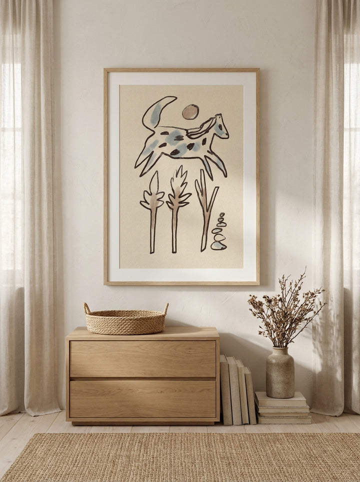Modern wall art print styled on the wall in a warm Japandi nursery