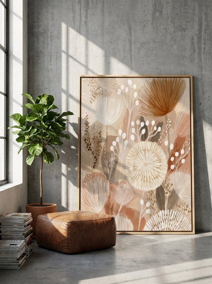 Oversized statement canvas wall art with a natural timber surround leaning against the wall in an industrial loft dining room