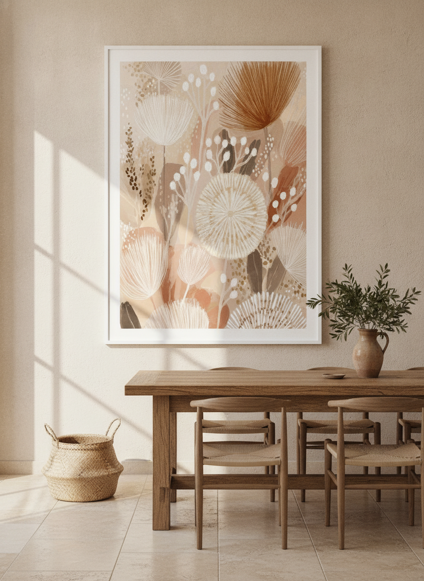 Oversized statement modern wall art print styled on the wall in a Mediterranean dining room