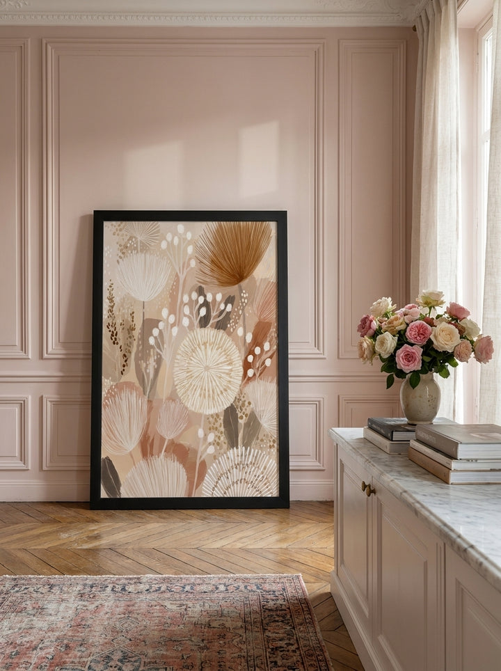 Modern wall art print standing on a console in a Parisian bathroom