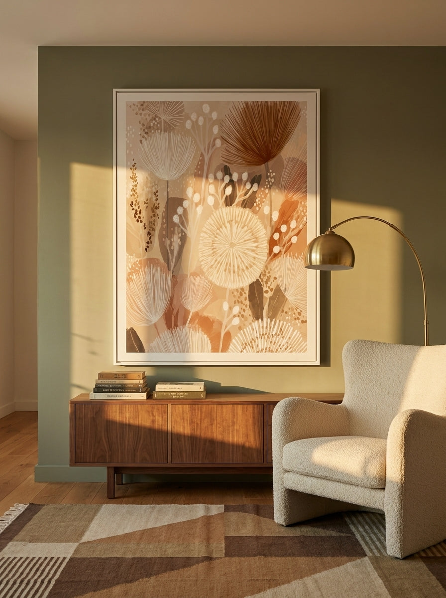 Oversized statement modern wall art print styled on the wall in a mid-century living room