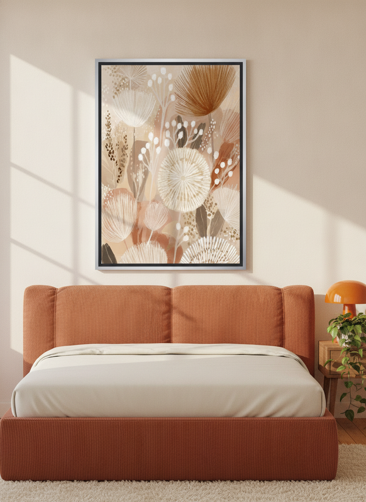Canvas wall art with a silver leaf surround styled on the wall in a retro 70s bedroom