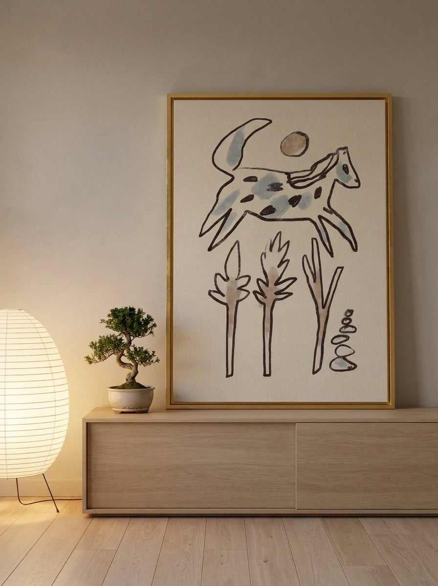 Canvas wall art with a gold leaf surround standing on a sideboard in a warm Japandi nursery