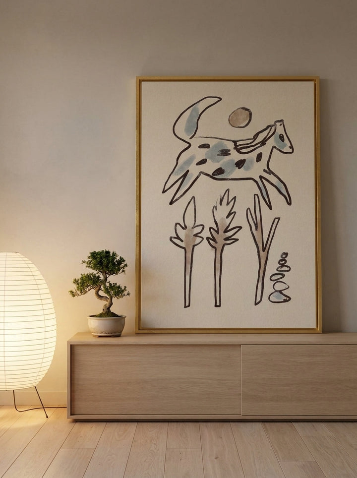 Canvas wall art with a gold leaf surround standing on a sideboard in a warm Japandi nursery