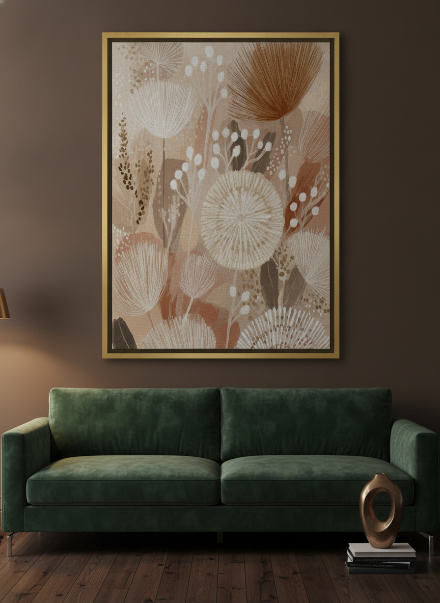 Oversized statement canvas wall art with a gold leaf surround styled on the wall in a moody living room