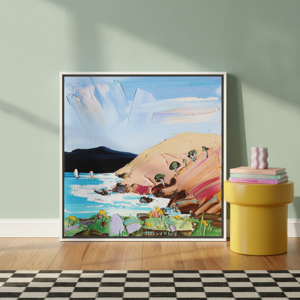 Canvas wall art with a white surround leaning against the wall in a colourful eclectic dining room