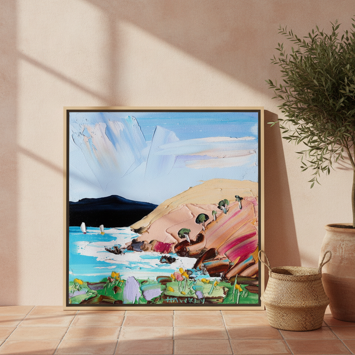 Canvas wall art with a natural timber surround leaning against the wall in a Mediterranean bedroom