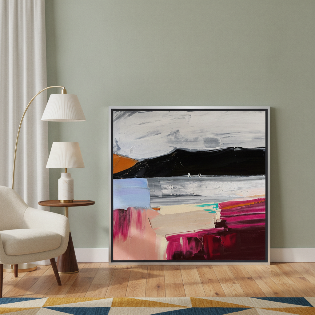 Canvas wall art with a silver leaf surround leaning against the wall in a mid-century living room