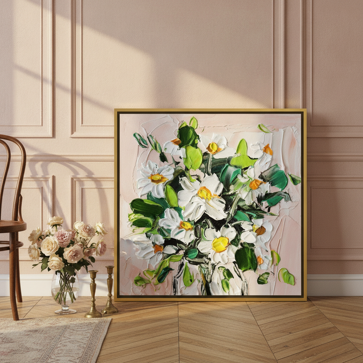 Canvas wall art with a gold leaf surround leaning against the wall in a Parisian bathroom