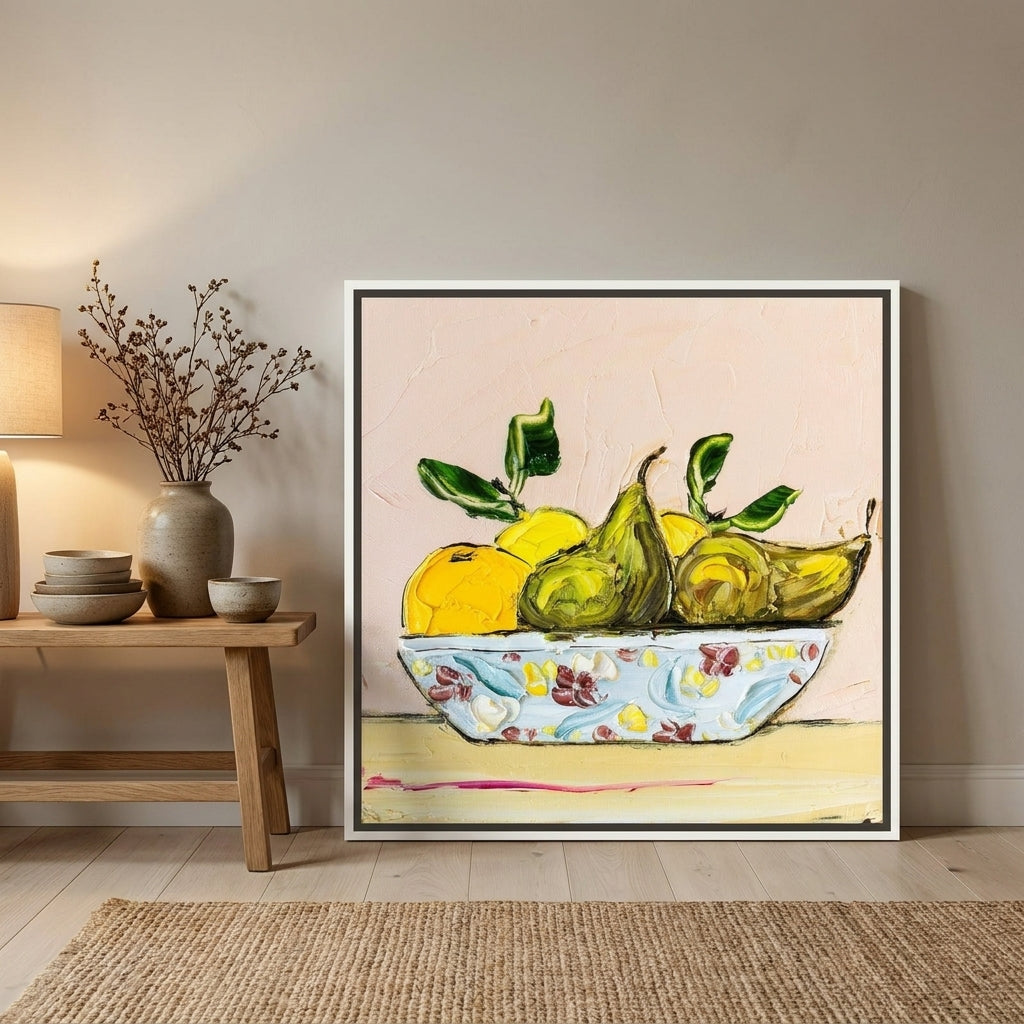 Canvas wall art with a white surround leaning against the wall in a warm Japandi kitchen