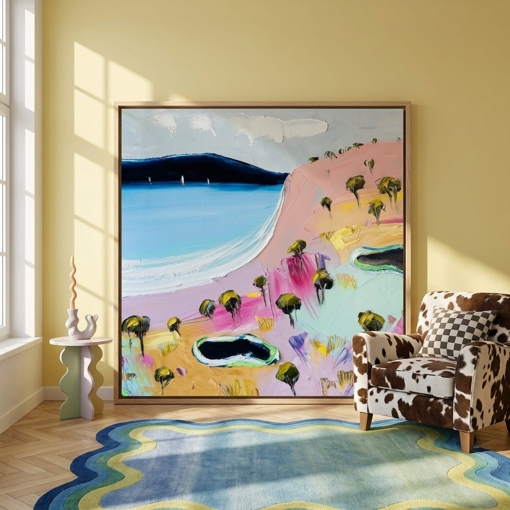 Oversized statement canvas wall art with a natural timber surround leaning against the wall in a colourful eclectic living room
