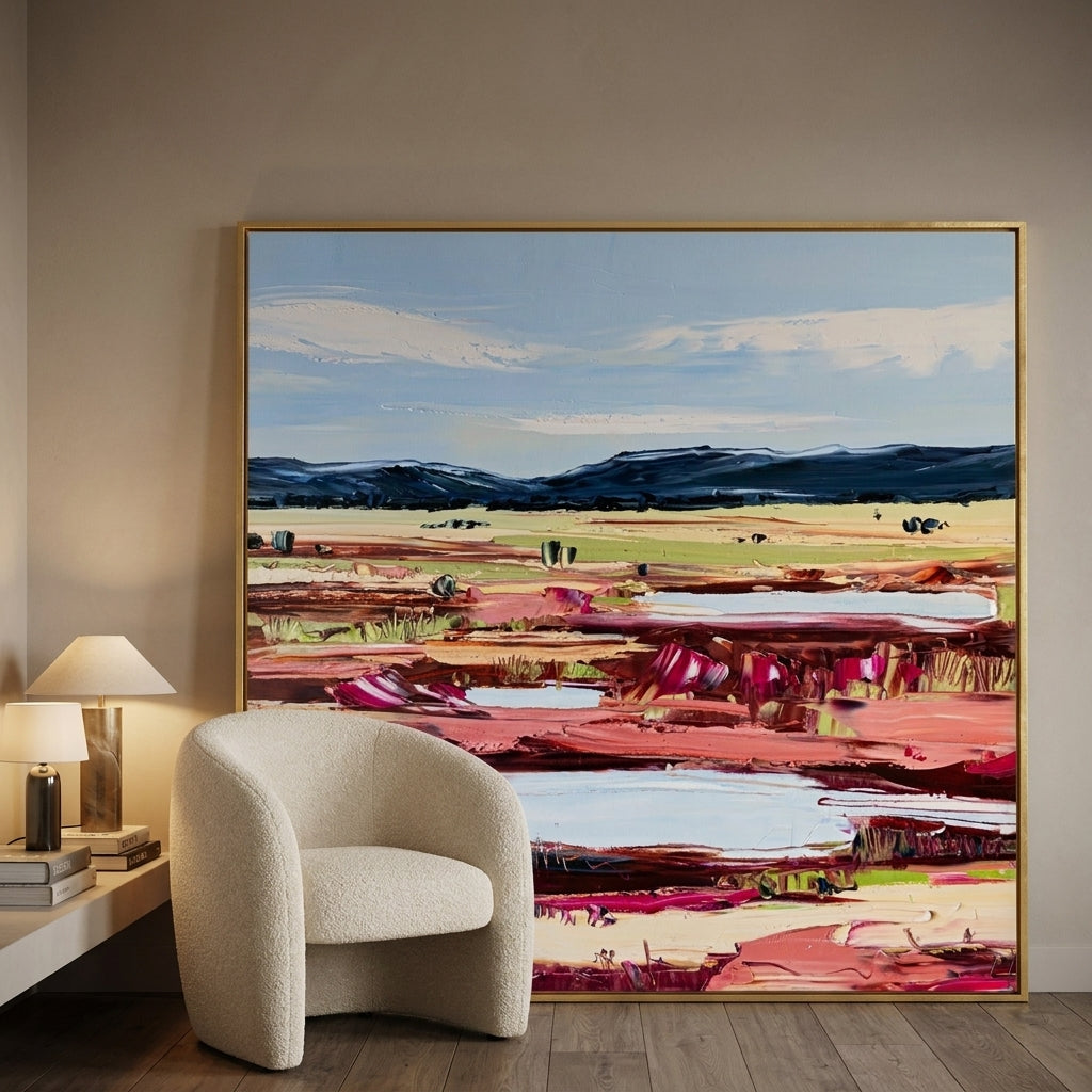 Oversized statement canvas wall art with a gold leaf surround leaning against the wall in a luxe dining room