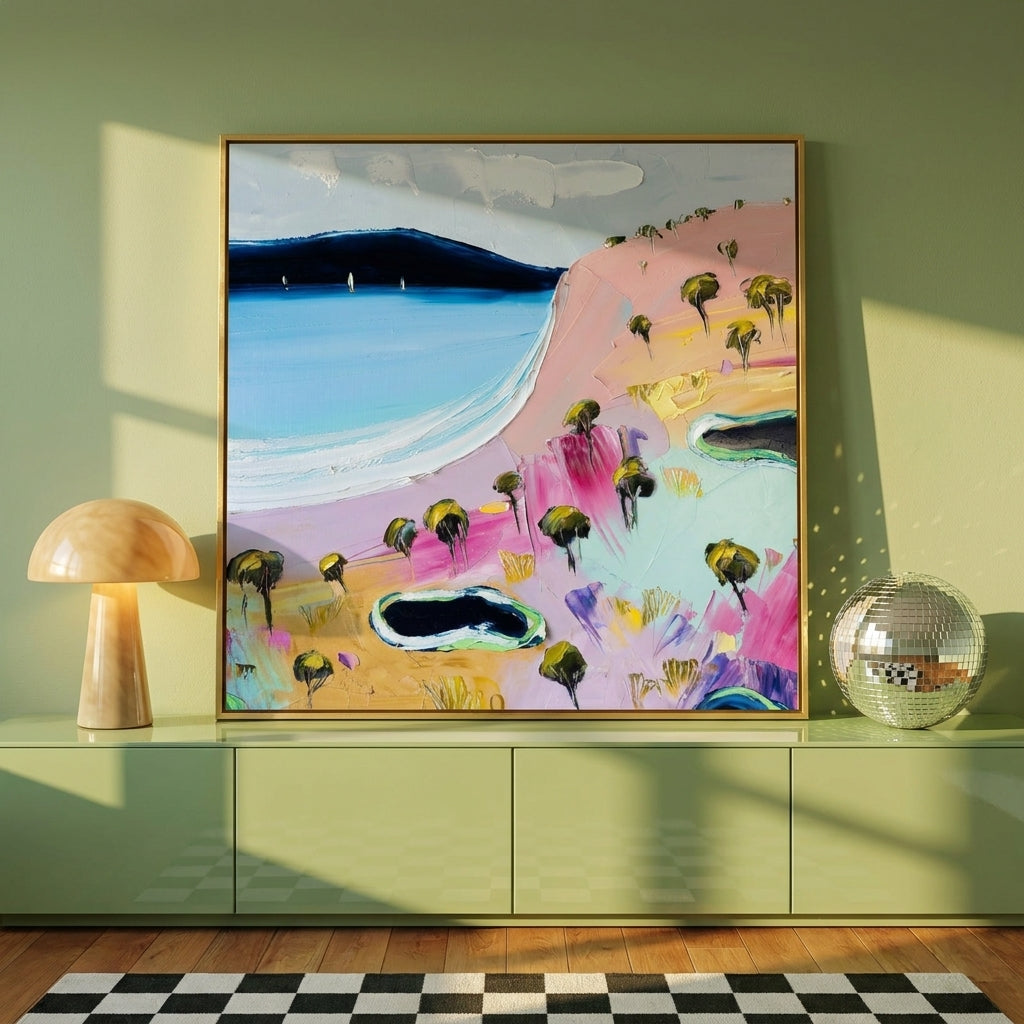 Canvas wall art with a gold leaf surround standing on a sideboard in a colourful eclectic dining room