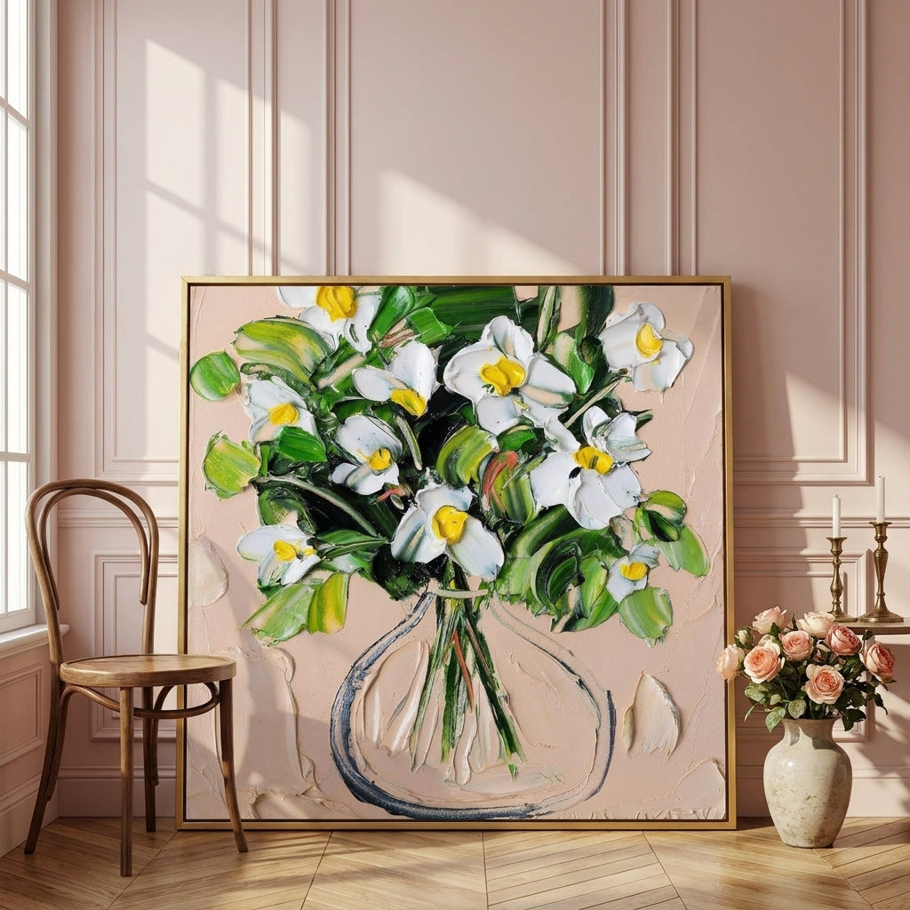 Canvas wall art with a gold leaf surround leaning against the wall in a Parisian bathroom