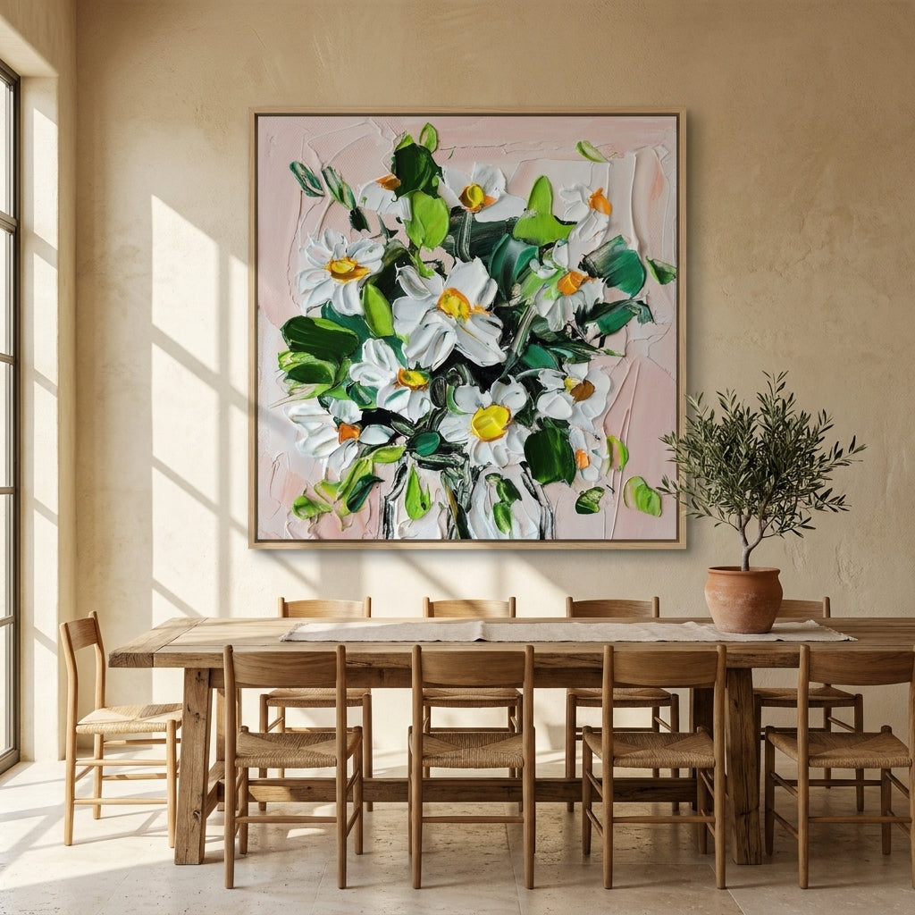 Oversized statement canvas wall art with a natural timber surround styled on the wall in a Mediterranean dining room