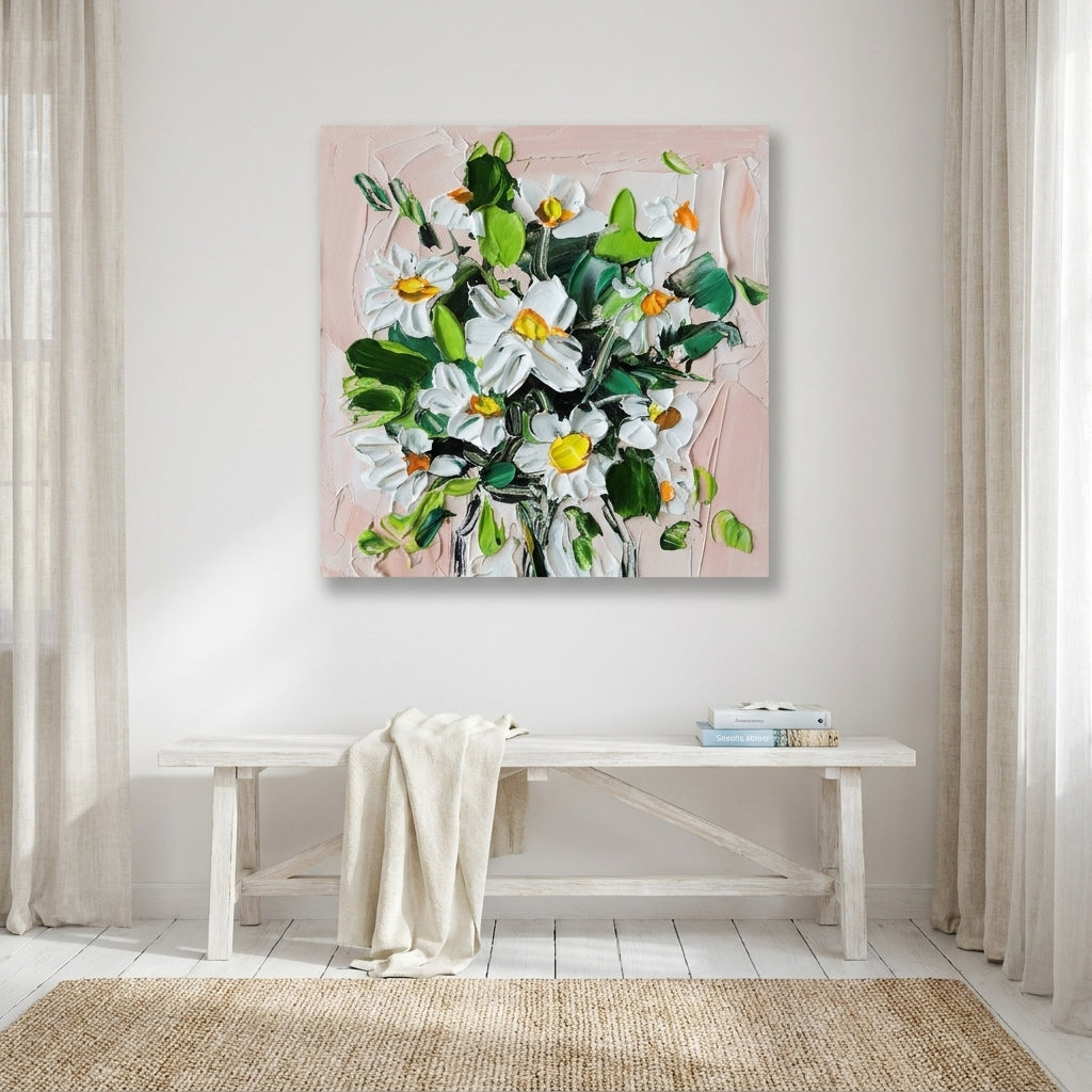 Stretched canvas wall art styled on the wall in a coastal living room