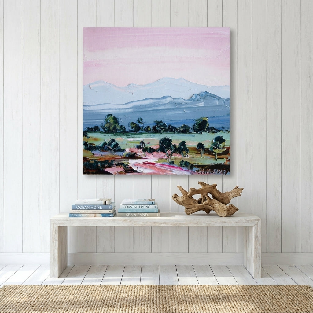 Stretched canvas wall art styled on the wall in a coastal living room