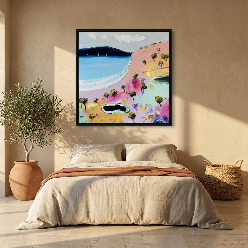 Canvas wall art with a black surround styled on the wall in a Mediterranean bedroom
