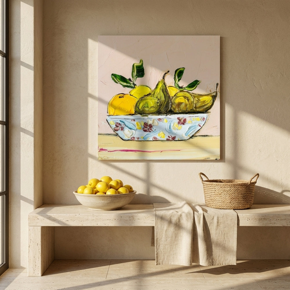 Stretched canvas wall art styled on the wall in a Mediterranean kitchen