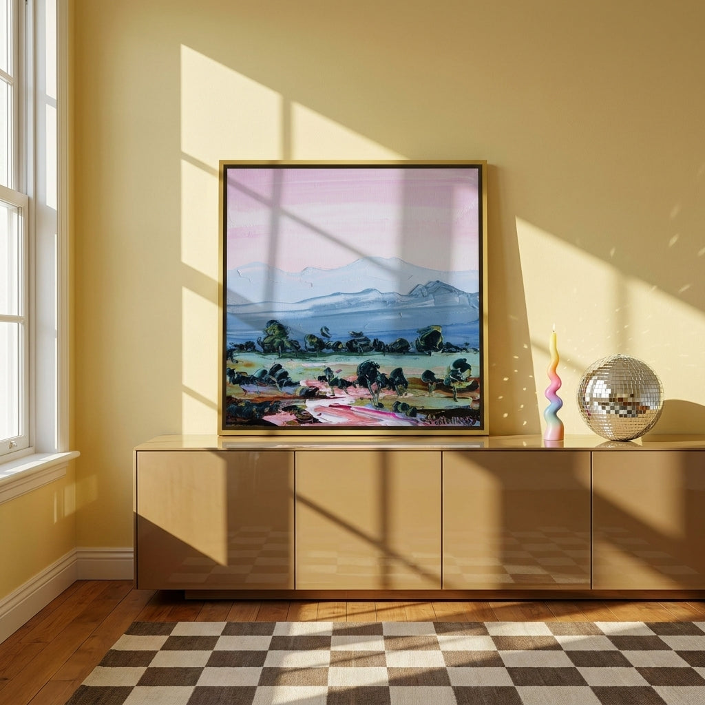 Canvas wall art with a gold leaf surround standing on a sideboard in a colourful eclectic living room