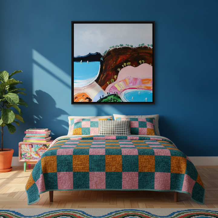 Canvas wall art with a black surround styled on the wall in a colourful eclectic bedroom