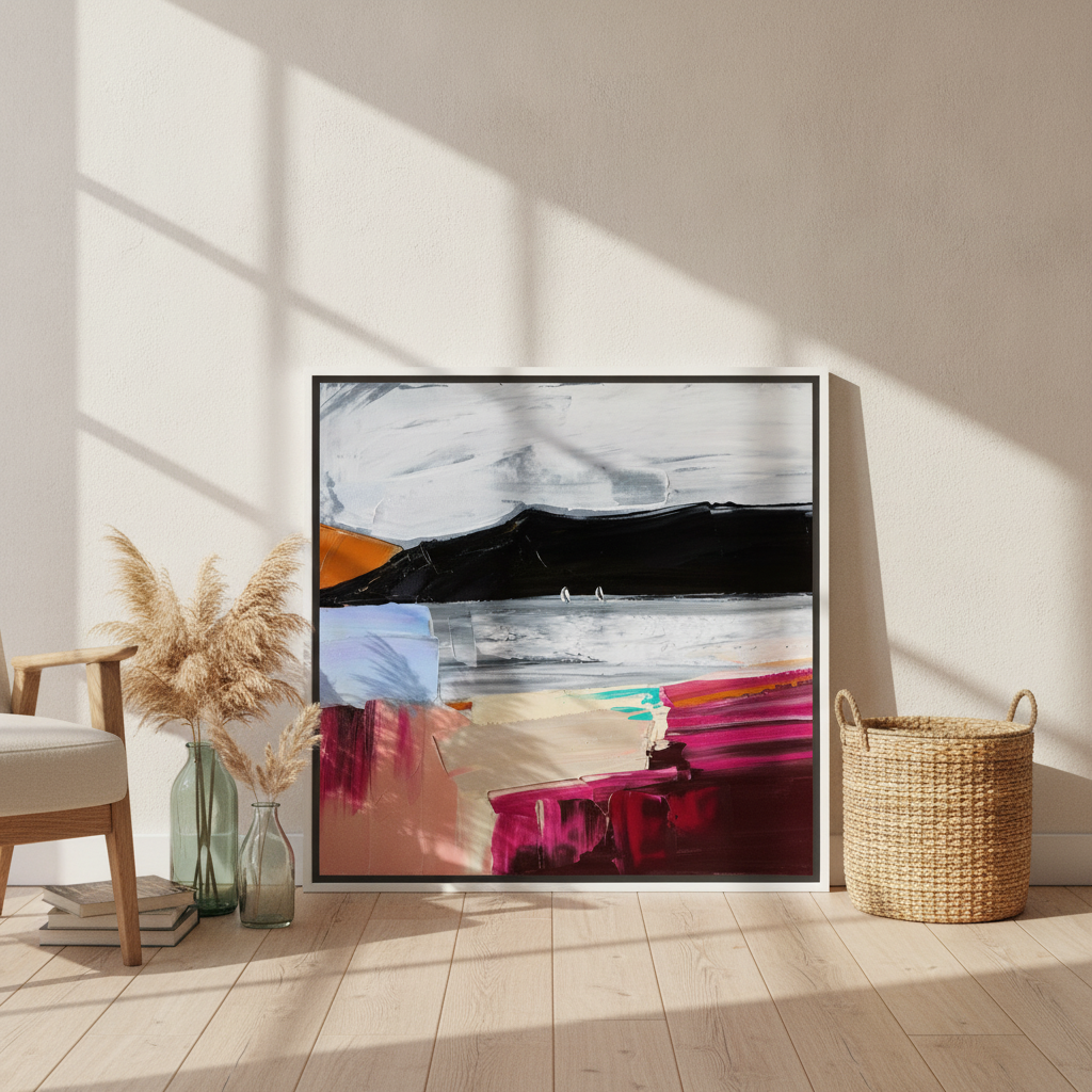 Canvas wall art with a white surround leaning against the wall in a coastal home office