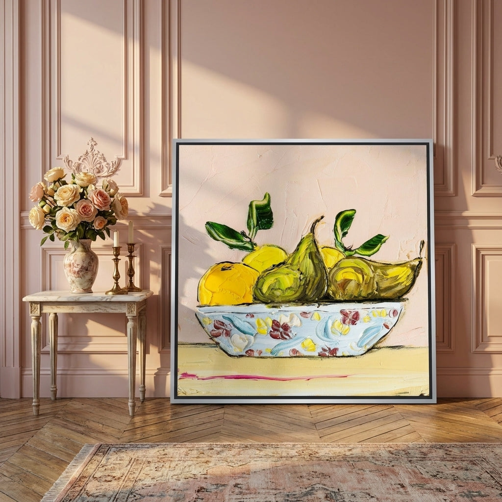 Canvas wall art with a silver leaf surround leaning against the wall in a Parisian living room