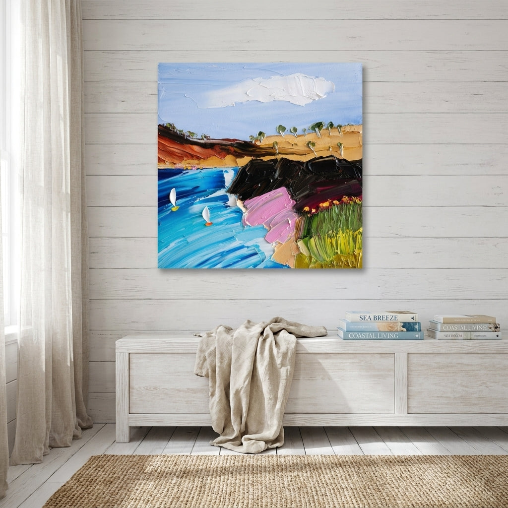 Stretched canvas wall art styled on the wall in a coastal living room