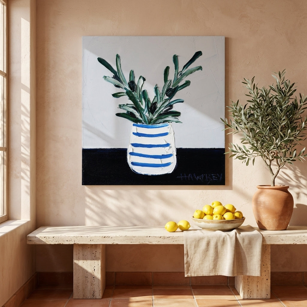 Stretched canvas wall art styled on the wall in a Mediterranean kitchen